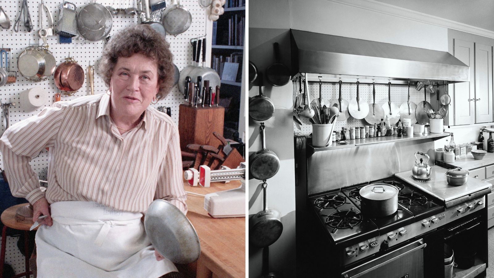 Ein geteilter Bildschirm mit Julia Child links und ihrer Küche rechts