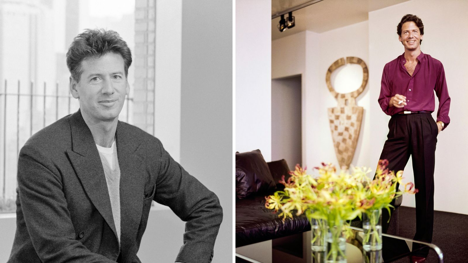 Ein Splitscreen-Bild mit Calvin Klein in seiner New Yorker Wohnung in Schwarzweiß links und rechts