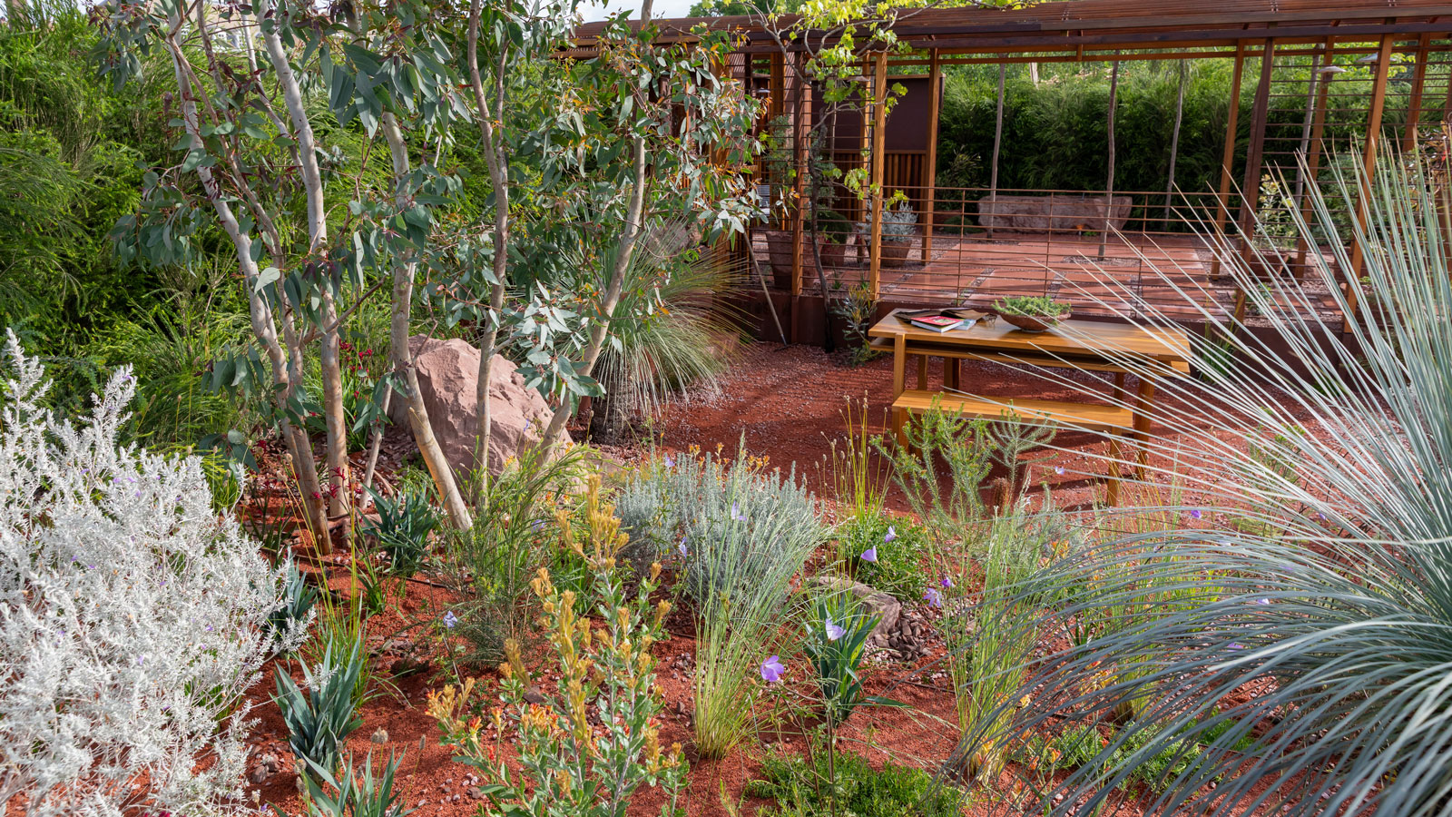 Trockene Gartenbepflanzung mit einheimischen Pflanzen, Gräsern und kleinen Bäumen, Gartenmöbel, Tisch und Stühle sowie eine Holzpergola