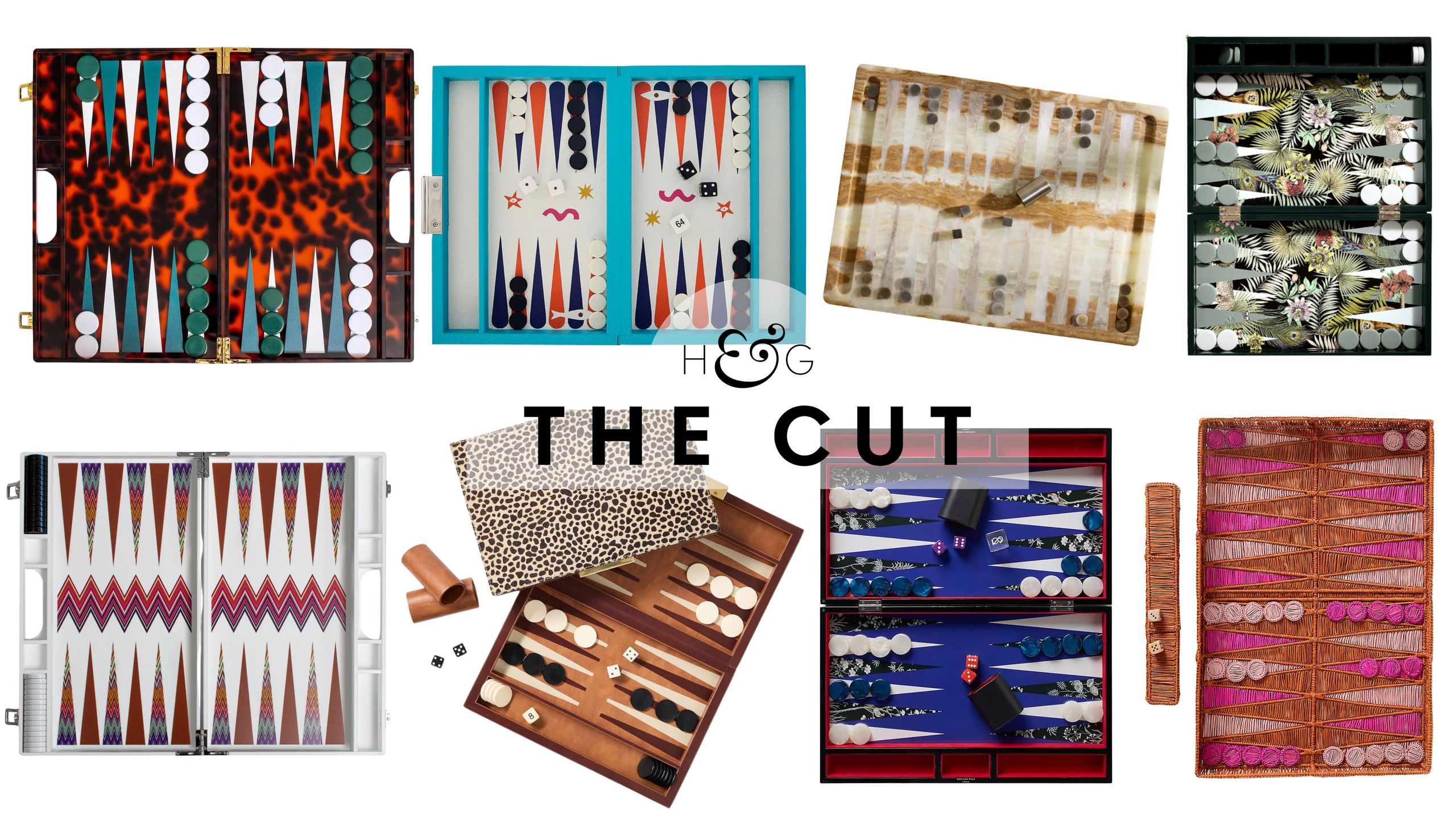 Assorted backgammon sets pictured against a white background