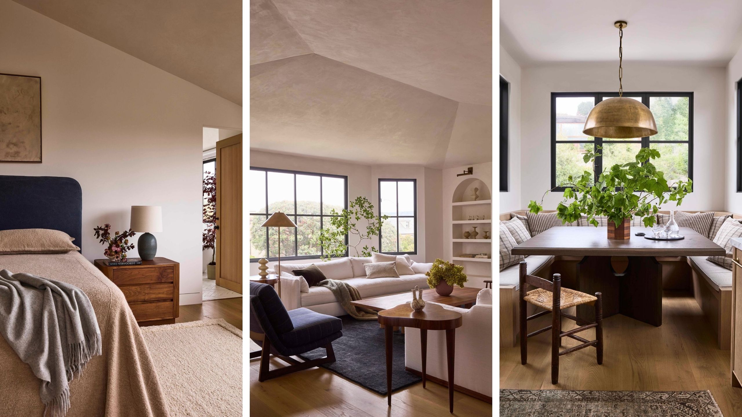 a trio of images of a 'Cali wabi-sabi' home by Studio Kosma in San Francisco