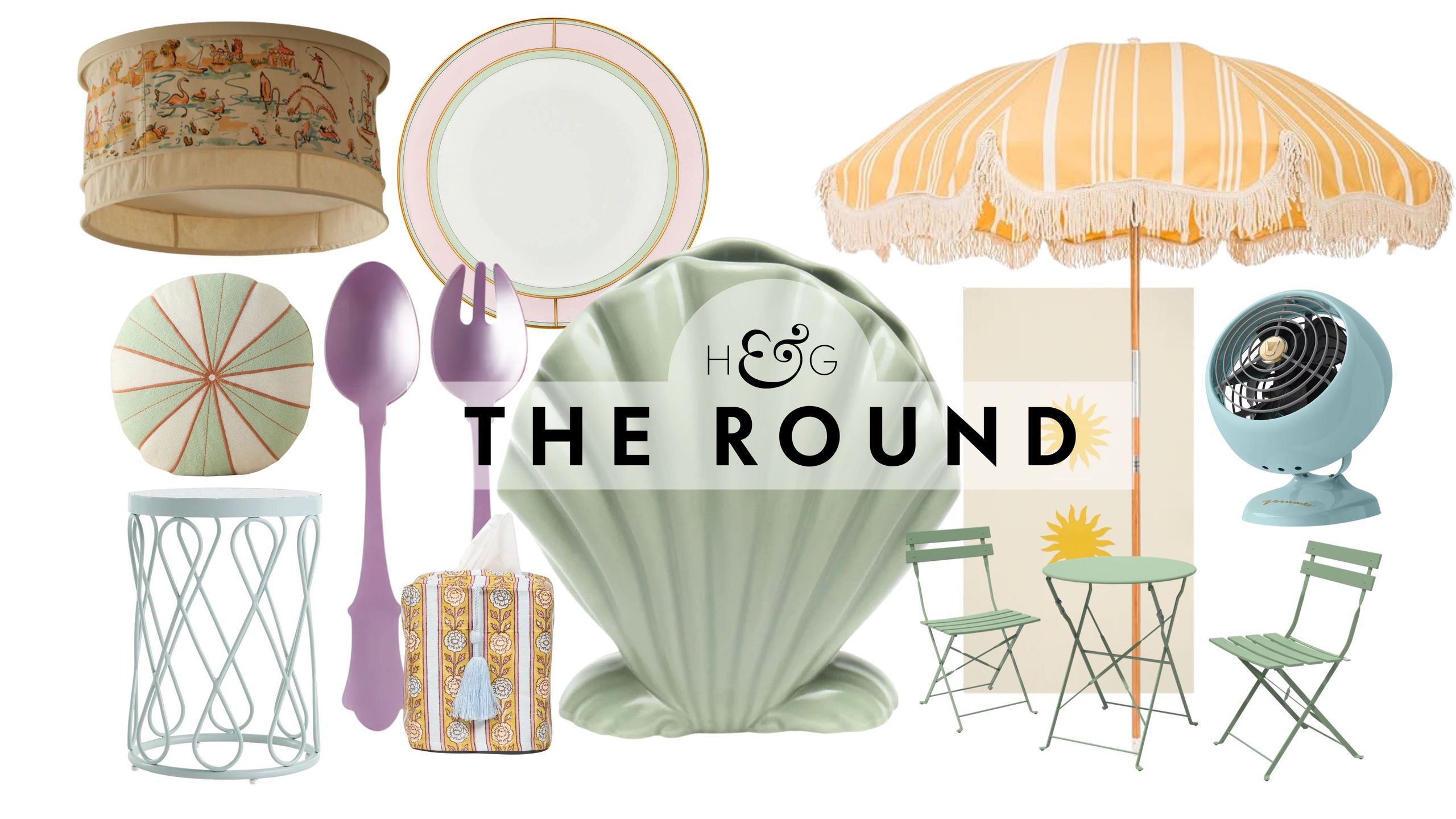 Pastel decor for summer, including a ceiling light cover, outdoor cushion, outdoor side table, salad server set, Ginori plate, seashell vase, retro fan, bistro set, sun-motif table linen, and parasol