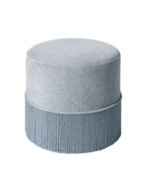 Gepolsterter Drum Ottoman mit Fransen in Hellblau