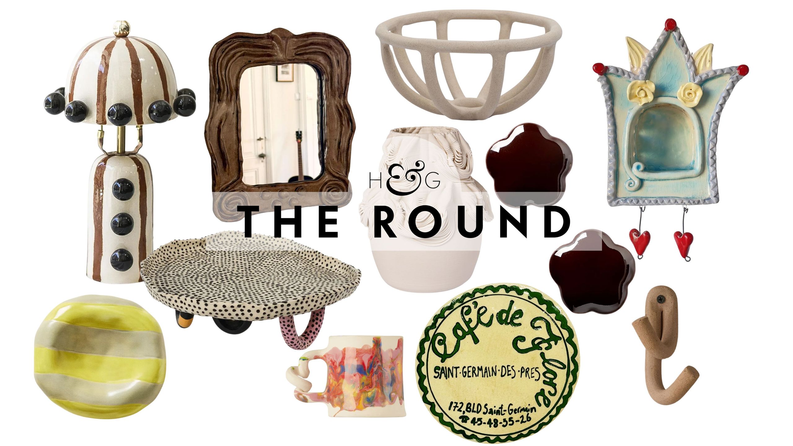Funky ceramics, including a striped table lamp, trinket dish, cake stand, wall mirror, coaster, mug, wall hooks, and more pictured against a white background