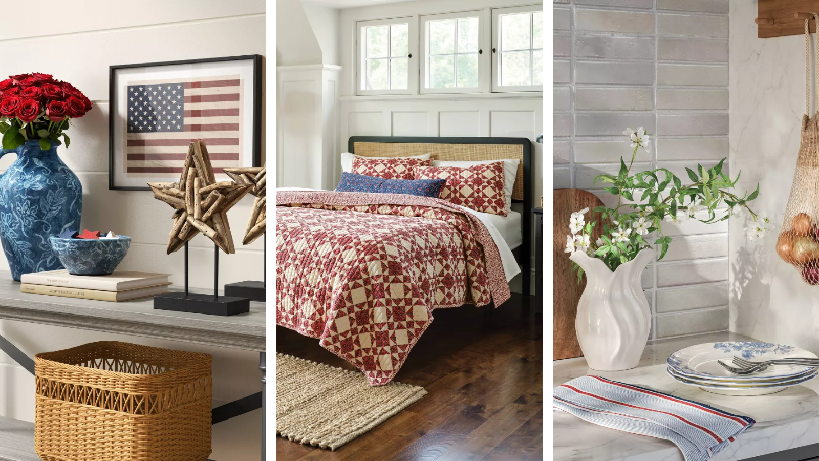 Drei Bilder: das erste von einem Konsolentisch im amerikanischen Stil, die Mitte von einem Bett mit einer roten Steppdecke darauf und das letzte von einer Arbeitsplatte mit Tellern und einer Blumenvase darauf