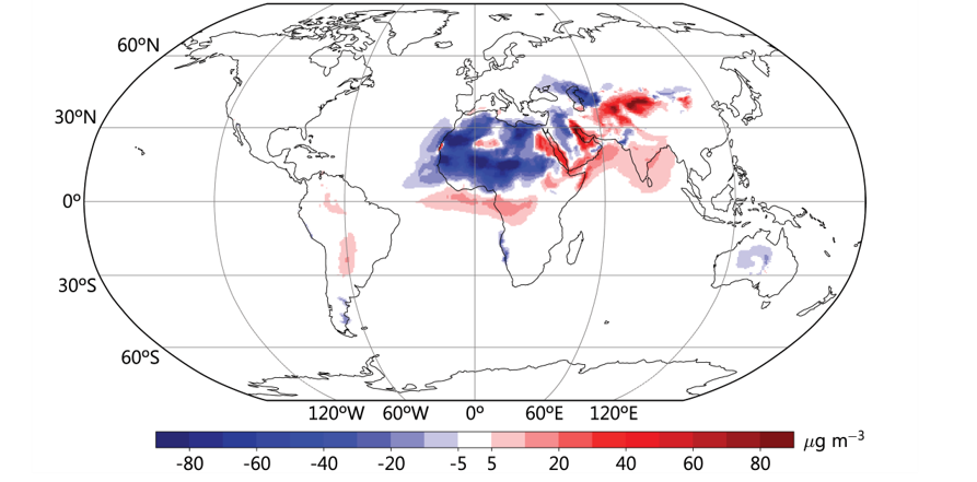 Anomalie der jährlichen mittleren Oberflächenstaubkonzentration (in μg m–3) im Jahr 2025 im Vergleich zum Mittelwert von 1981–2010