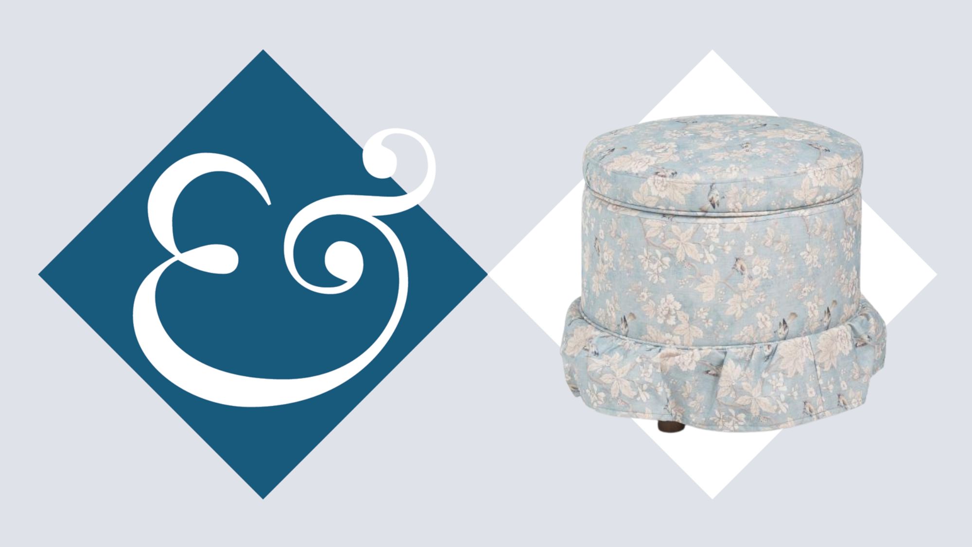 H&G-Logo neben einem Aufbewahrungshocker im Nancy Meyers-Stil mit blauem Blumenmuster und Rock