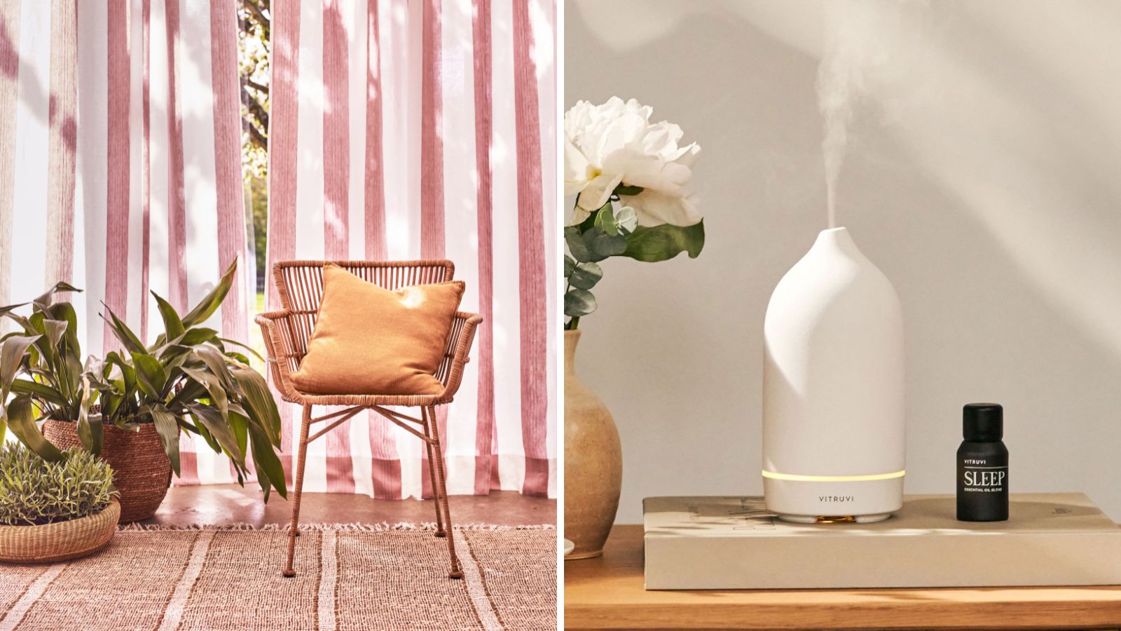 Ein geteilter Bildkopf mit einem hellen Raum mit Rattanmöbeln, Juteteppich, Zimmerpflanzen und rosa-weiß gestreiften Vorhängen sowie einem weißen Diffusor für ätherische Öle auf einem Buch mit weißen Blumen.
