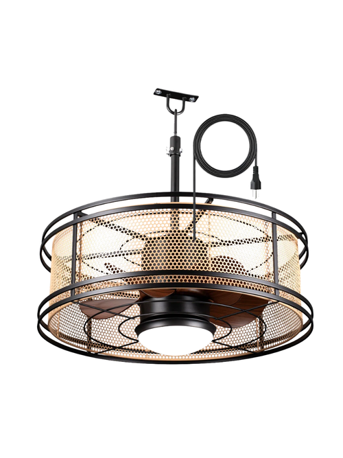 Käfig-Deckenventilator für den Außenbereich im Bauernhausstil mit Licht und App-Steuerung