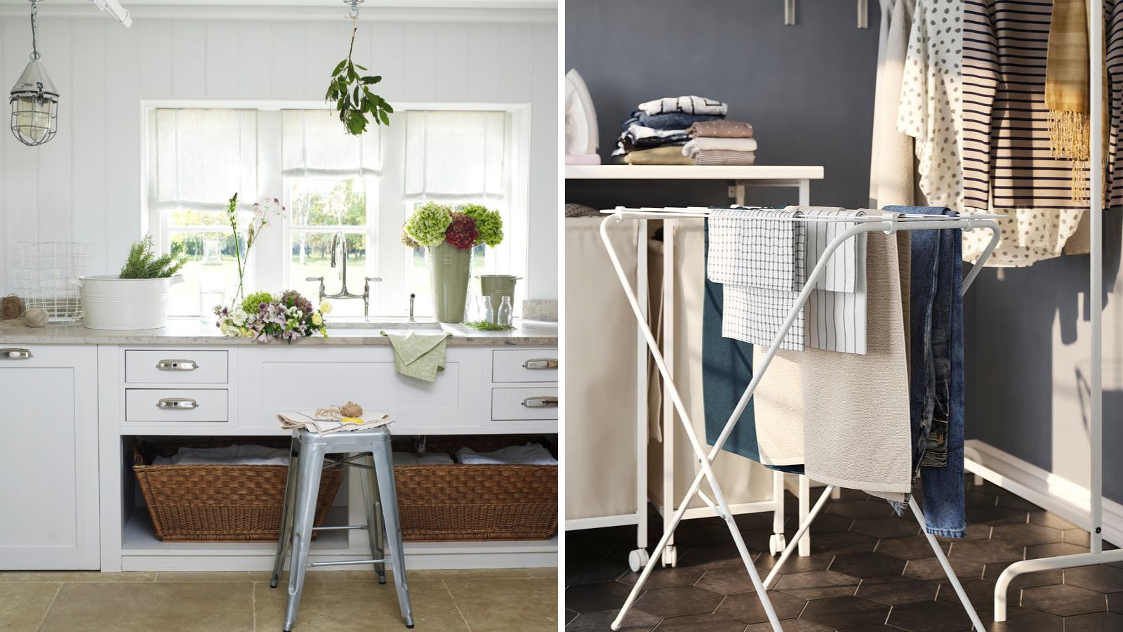 Aufgeteiltes Kopfbild der Waschküche mit einer weißen Waschküche voller Blumen und einer dunkelgrauen Waschküche mit einem weißen IKEA-Wäscheständer 