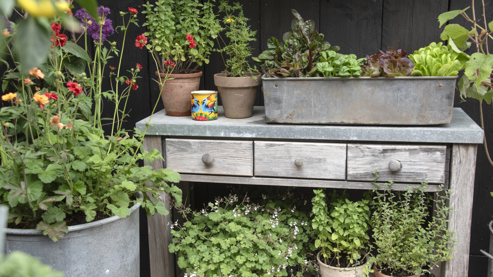 Ein Balkongarten mit einem Holztisch, umgeben von Gemüse, Kräutern und Blumen, die in Töpfen wachsen
