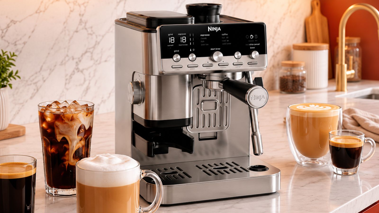 Ninja Luxe™ Café Mini Plus AutoFroth Espressomaschine auf einer Küchentheke aus Marmor neben einer Reihe von Glasbechern mit Kaffee
