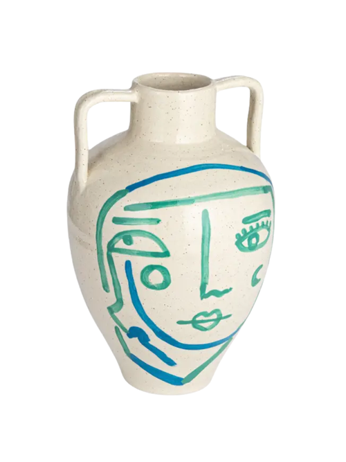 Handbemalte Terrakotta-Vase mit abstraktem Gesicht 