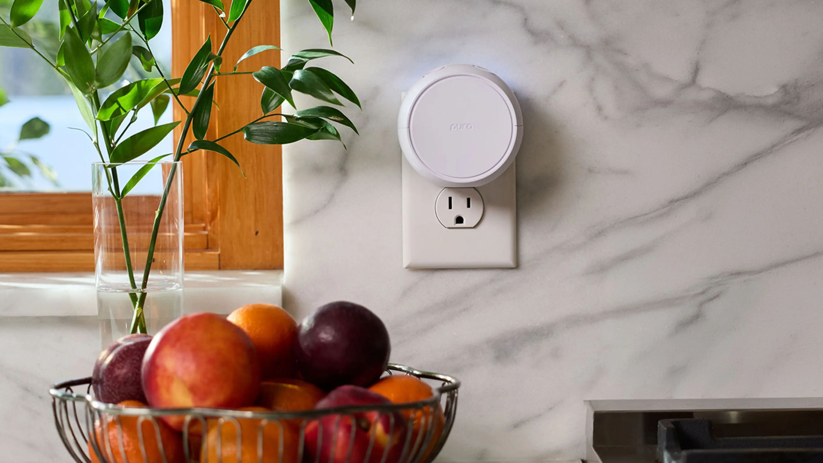 Weißer Pura-Smart-Home-Diffusor, eingesteckt in eine weiße Marmorwand mit Holzrahmenfenster, Glasvase mit Grünpflanzen und einer silbernen Obstschale voller Früchte.