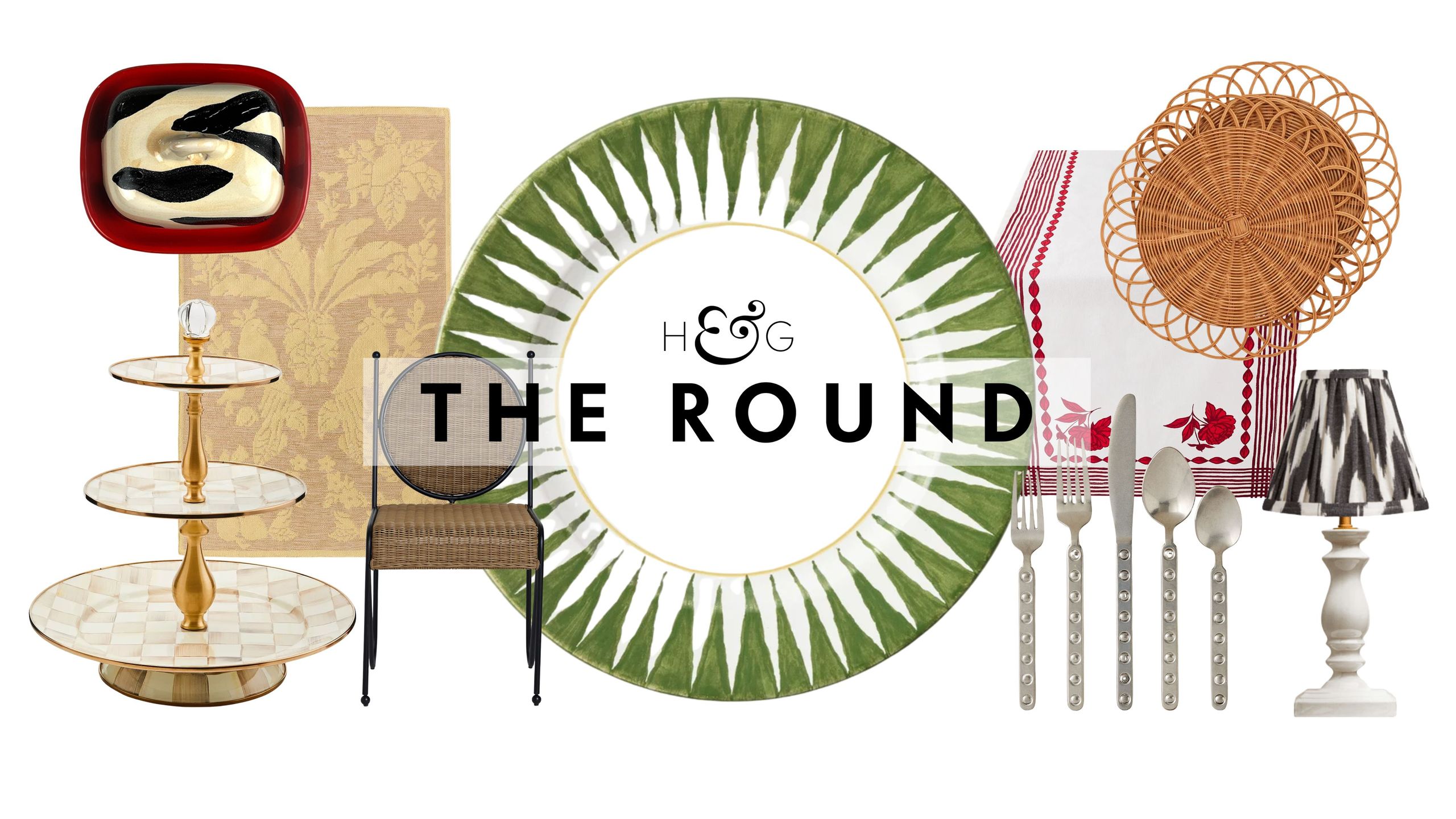 Backyard brunch decor, included a hand-painted butter dish, checkered cake stand, outdoor rug, wovendining chair, stoneware plate, decorative flatware set, table runner, woven chargers, and lamp