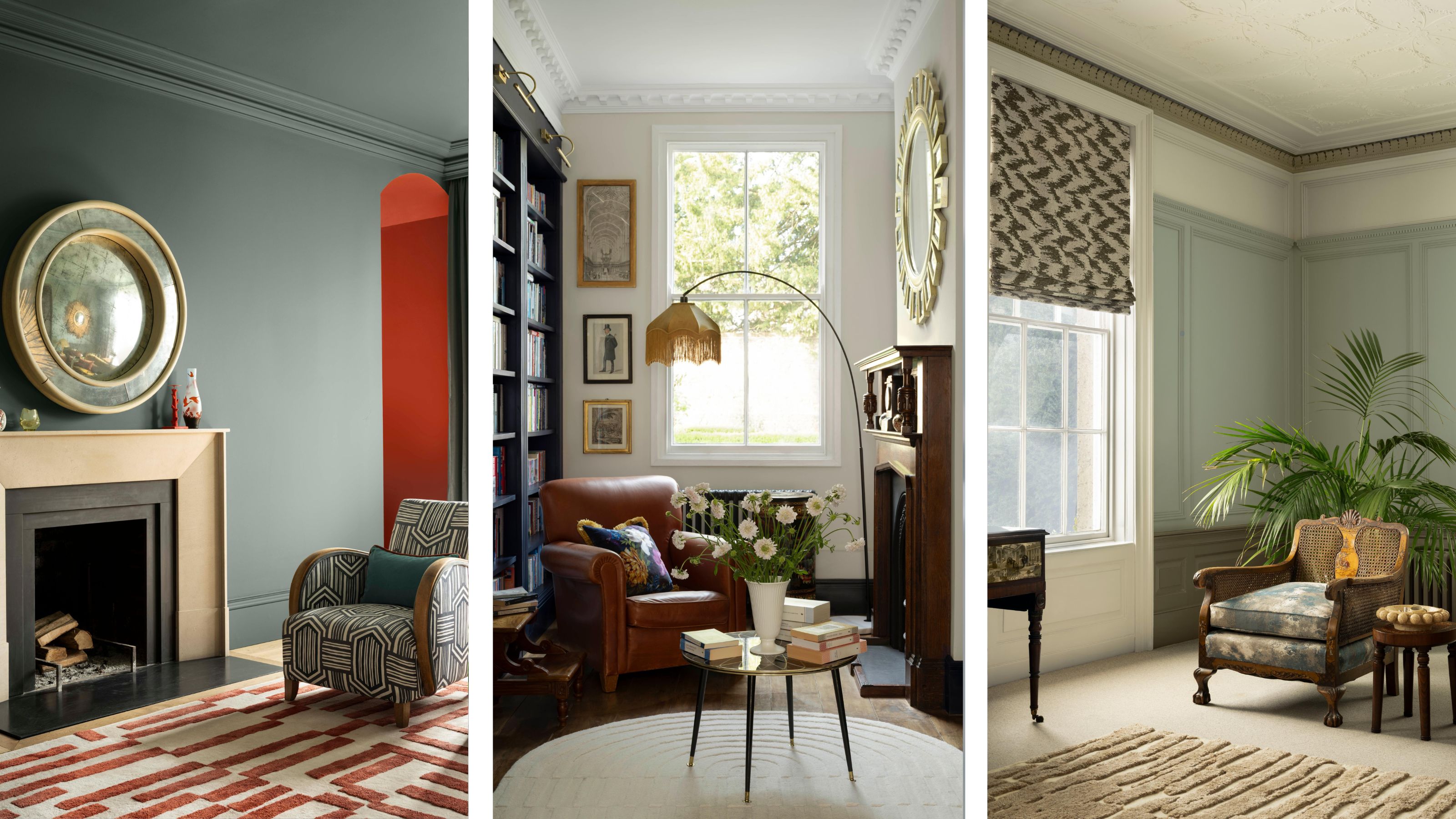 Drei Looks aus der Farbtrendkollektion AW26 von Benjamin Moore, darunter ein Wohnzimmer in blauer Fichte und Rot, eine Leseecke mit weißen Wänden und ein Wohnzimmer in Blau- und Cremetönen.