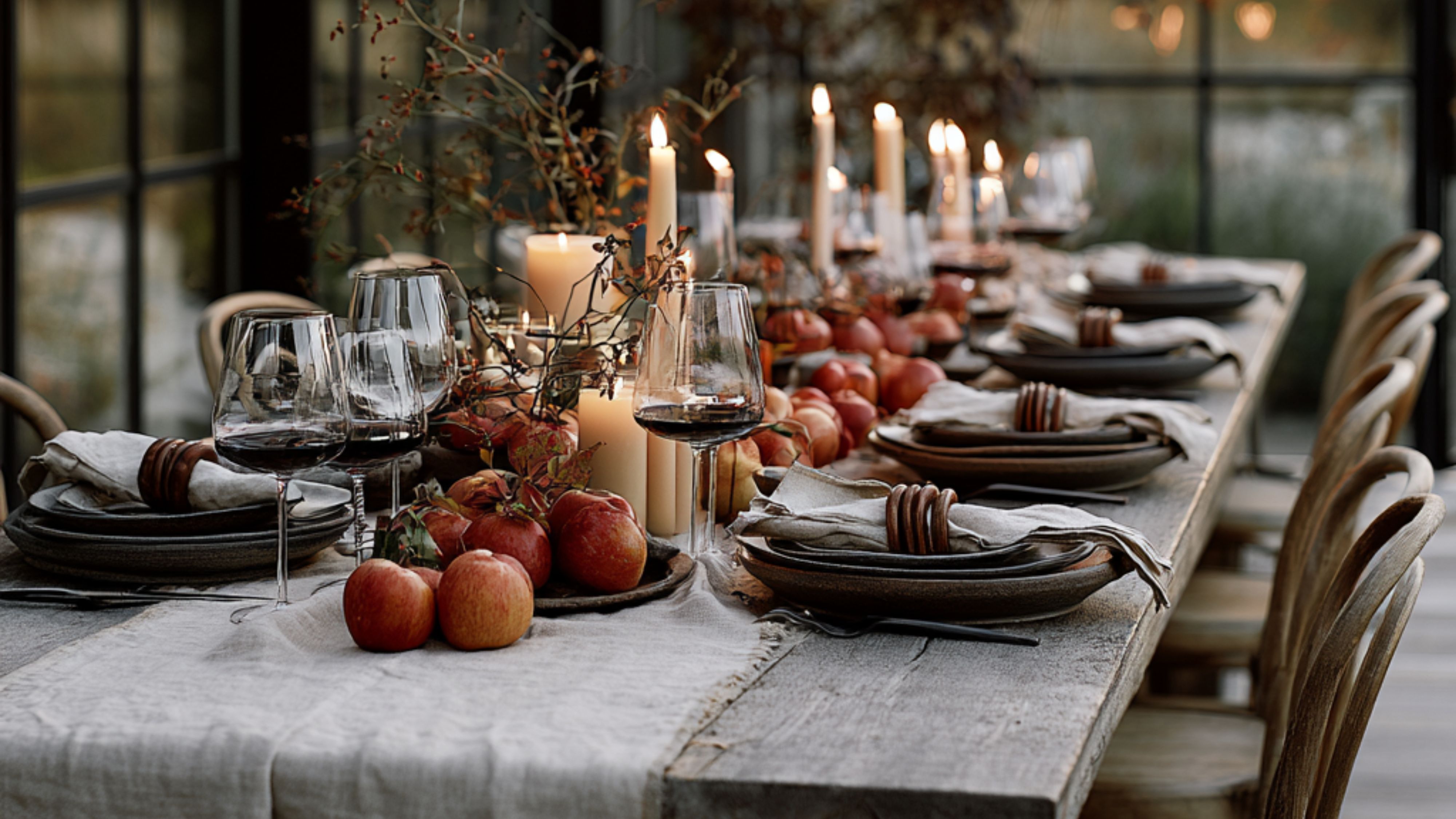 Vom Erntedekor inspirierter Herbsttisch mit Äpfeln, sanft leuchtenden Spitzkerzen, einem beigen Tischläufer aus Leinen und strukturierten Serviettenringen aus Holz.