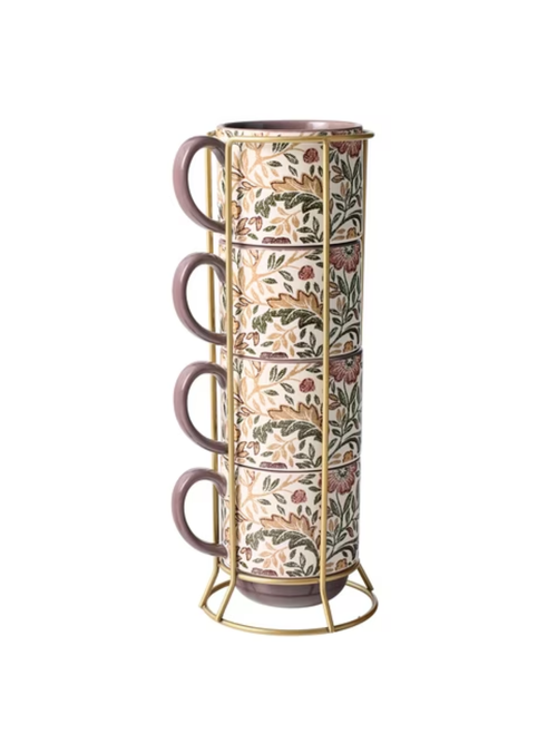 Edith Vine Floral 14 Oz Stapelbecher aus Steingut mit Metallregal, 5-teiliges Set