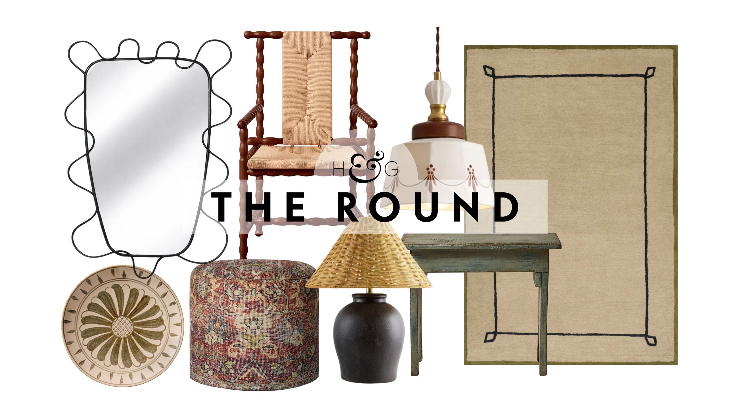 Spanish farmhouse decor, including a whimsical wrought iron wall mirror, ceramic plate, Turkish-print ottoman, woven shade table lamp, woven accent chair, green pedestal table, and Nate Berkus rug