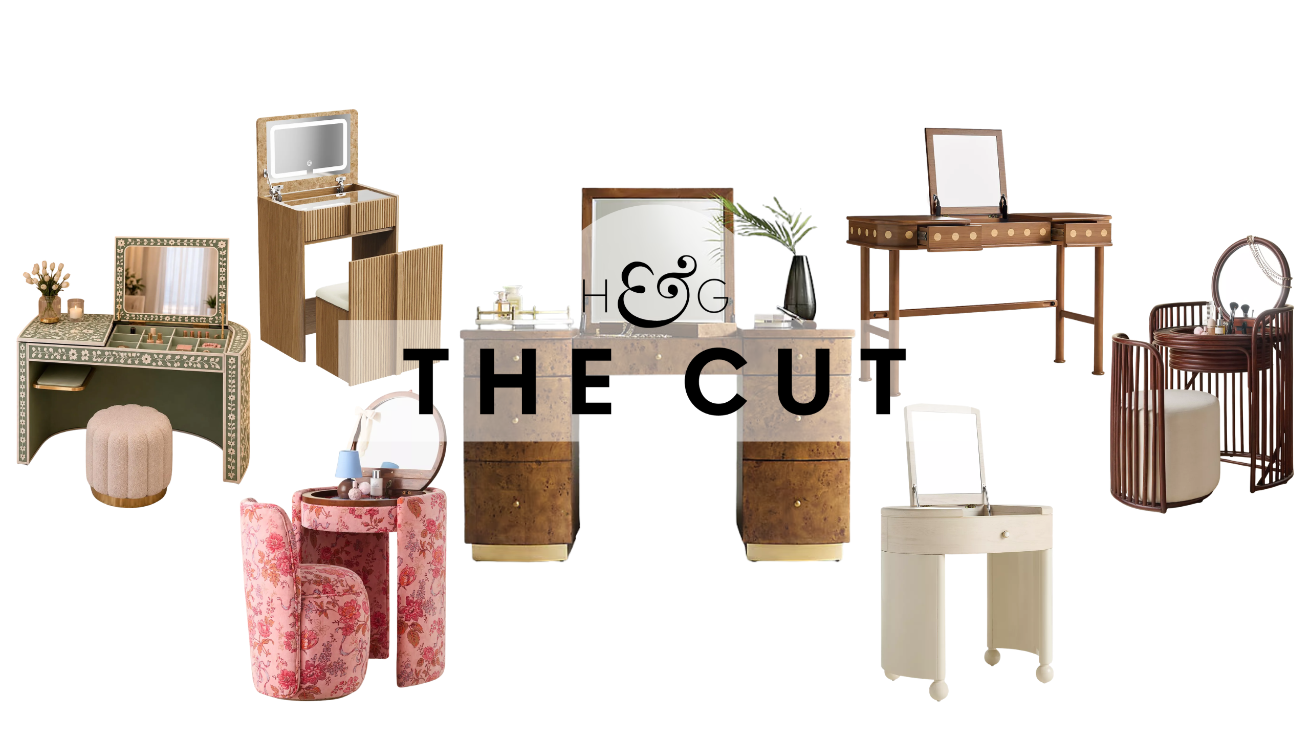 Collage of space-saving vanities in floral, burl wood, rattan, and fluted styles, pictured against a white background