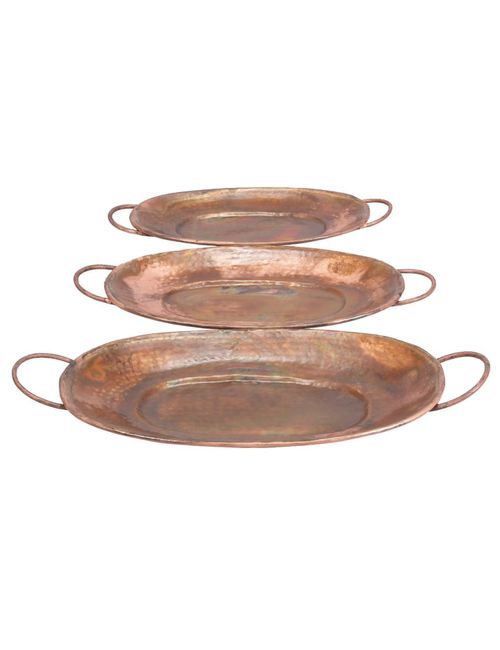 Neues traditionelles rustikales rundes Metalltablett-Set, Kupfer, 3 Stück