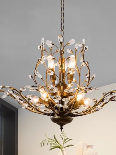 Vintage-Kristall-Kronleuchter mit 8 Leuchten für Esszimmer, Ast aus gealterter Bronze