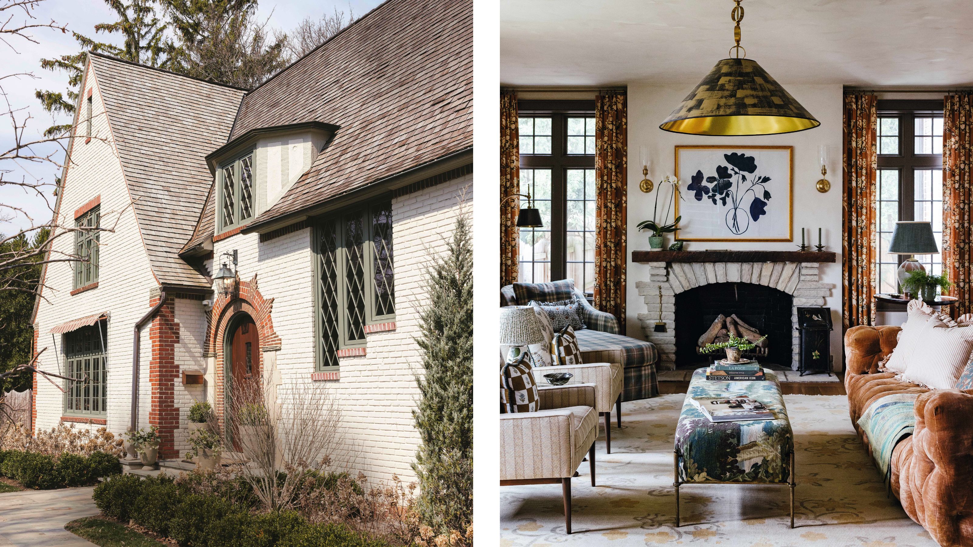 Zwei nebeneinander liegende Bilder des Äußeren eines Tudor-Hauses und eines mehrschichtigen Wohnzimmers im Vintage-Stil