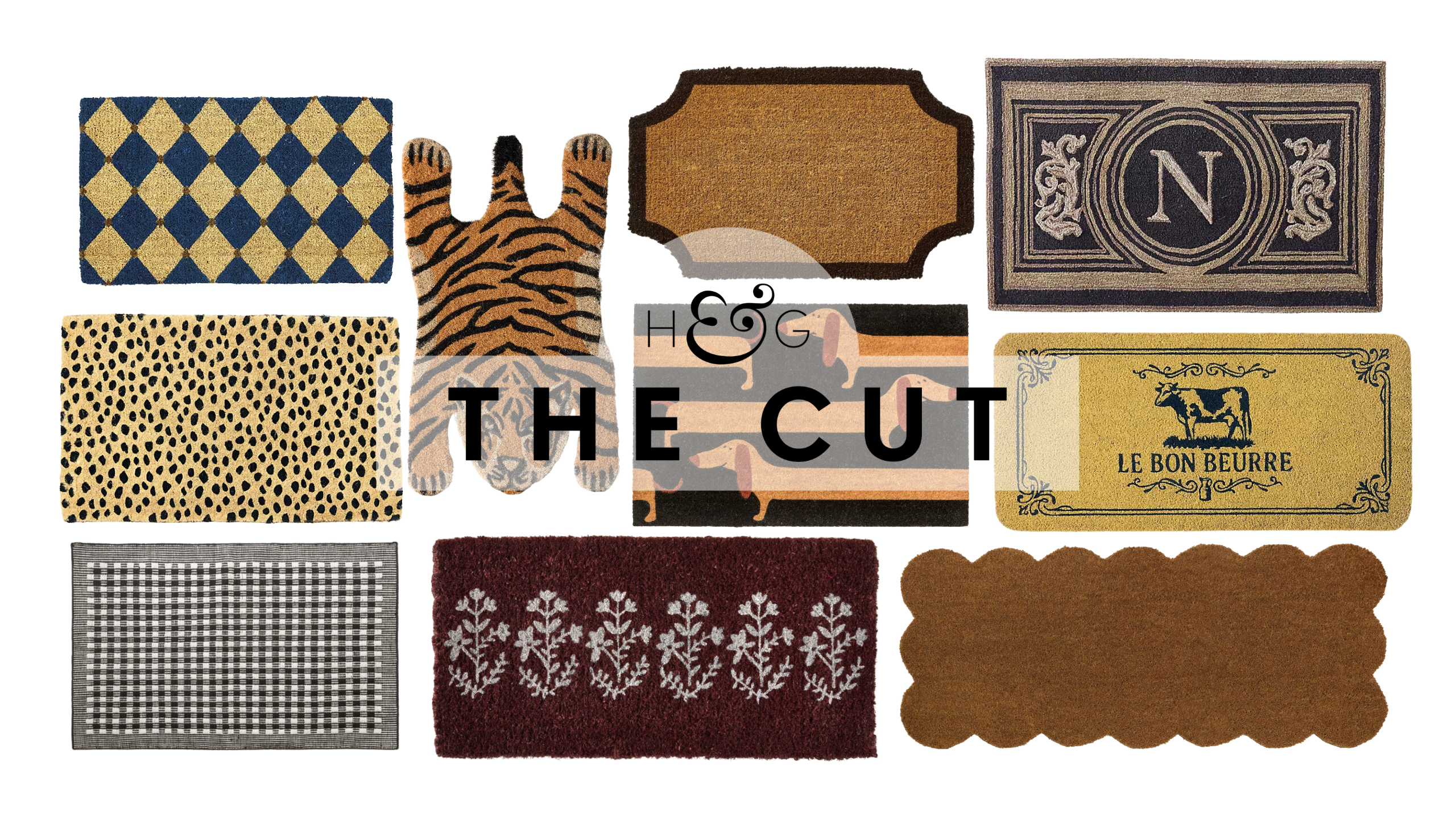 Stylish doormats, spanning checkered, animal print, gingham, floral, and French-inspired styles, pictured against a white background