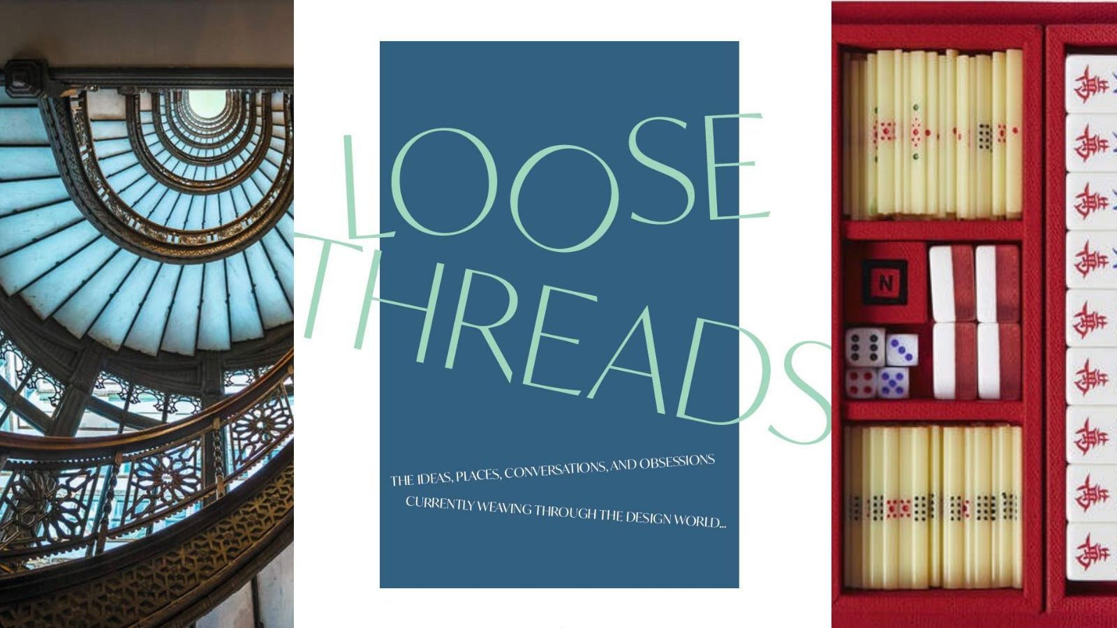 Loose Threads header: staircase to left, logo centrallly, mahjong to right