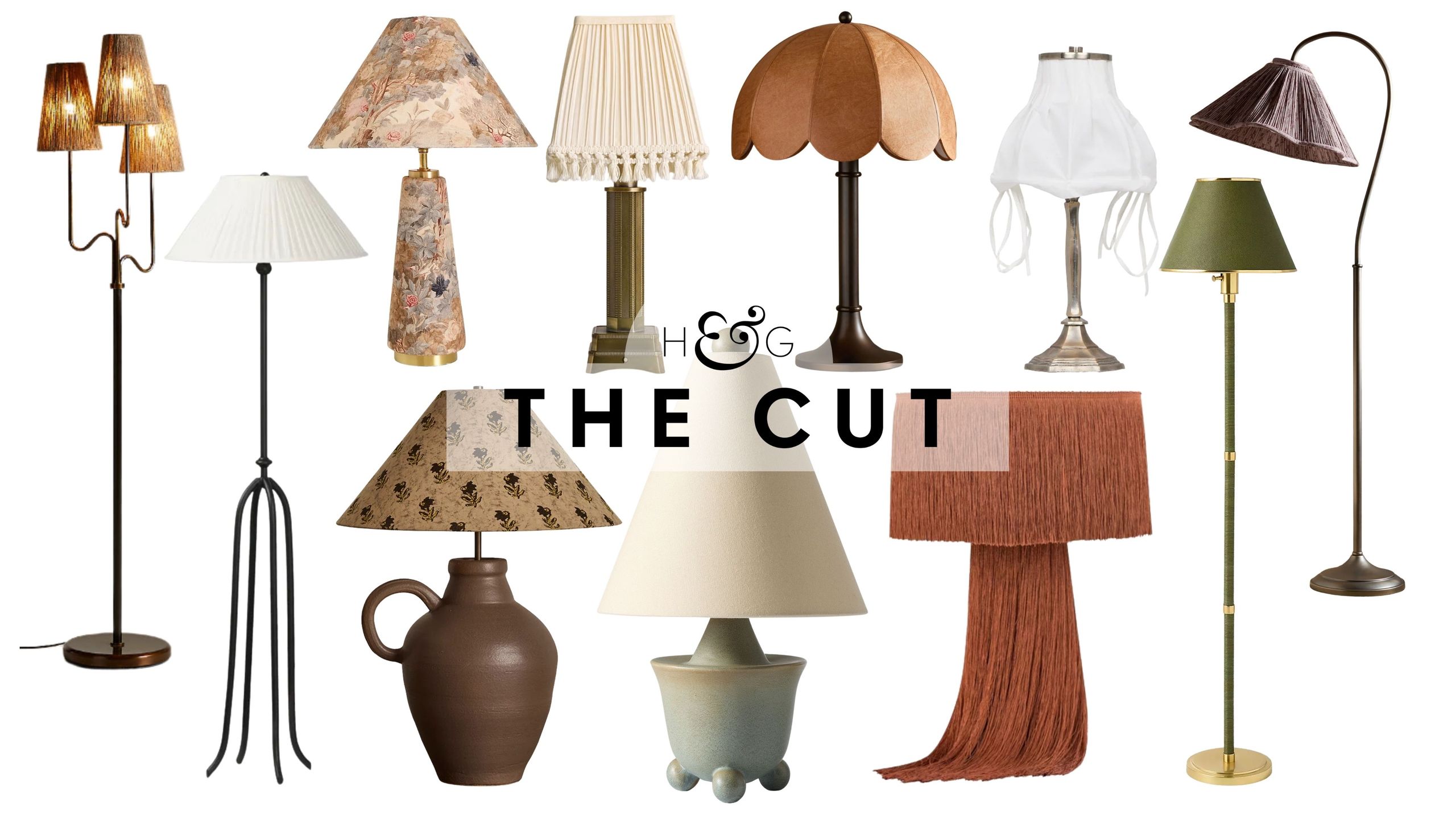 Living room lamps for fall 2026, spanning floor and tabletop styles in wicker, iron, faded florals tapestry upholstery, bullion fringe, leather, and pleated linen