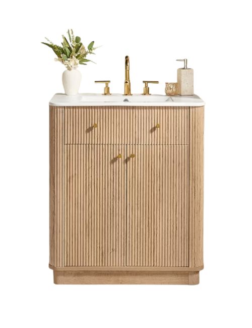 Badezimmerwaschtisch aus geriffeltem Holz mit Waschbecken