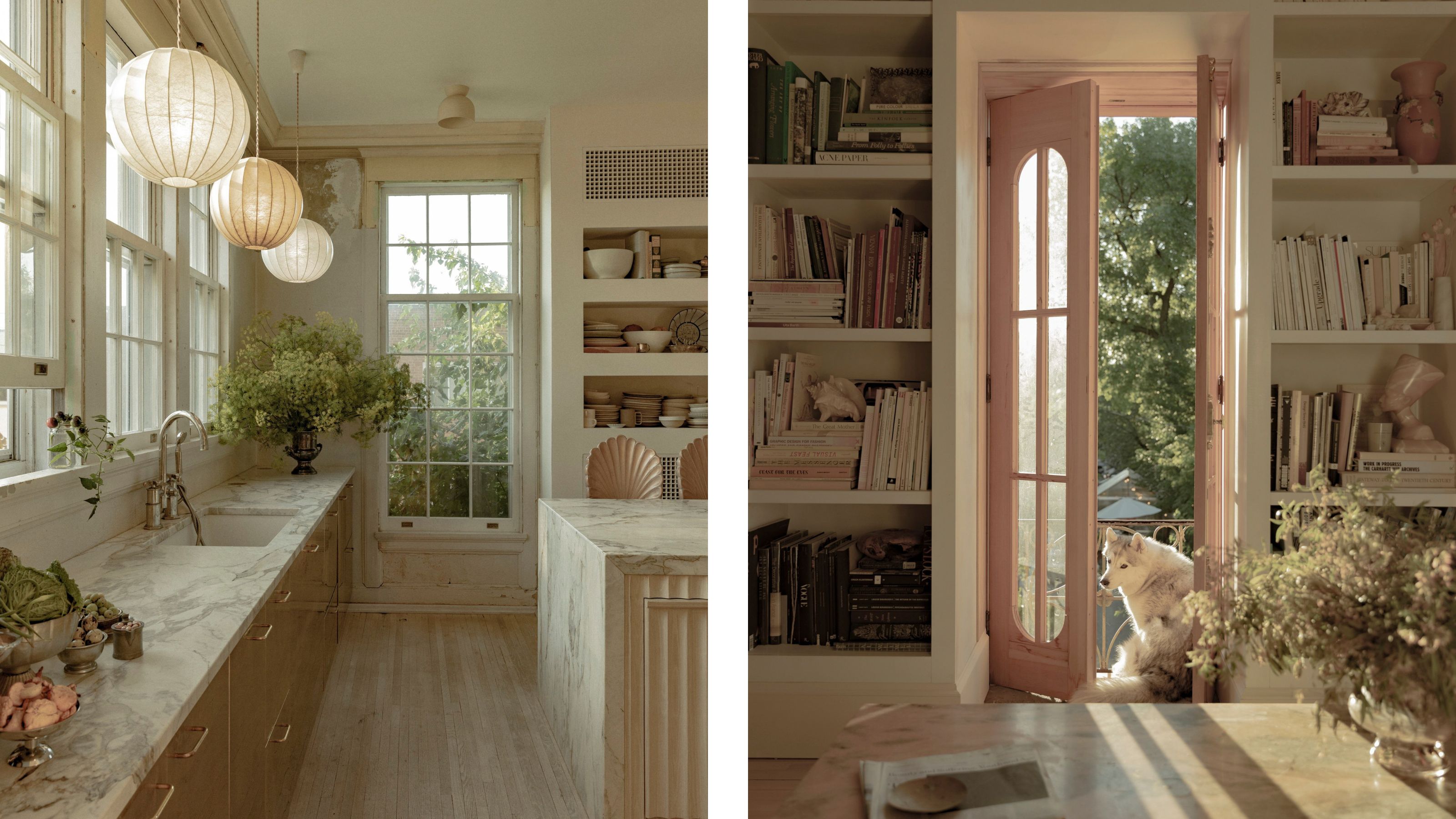 Zwei nebeneinander liegende Bilder eines rustikalen Vintage-Hauses mit einer weichen, neutralen Küche und einem Büro mit Regalen und rosafarbenen Türen, die auf einen Balkon führen