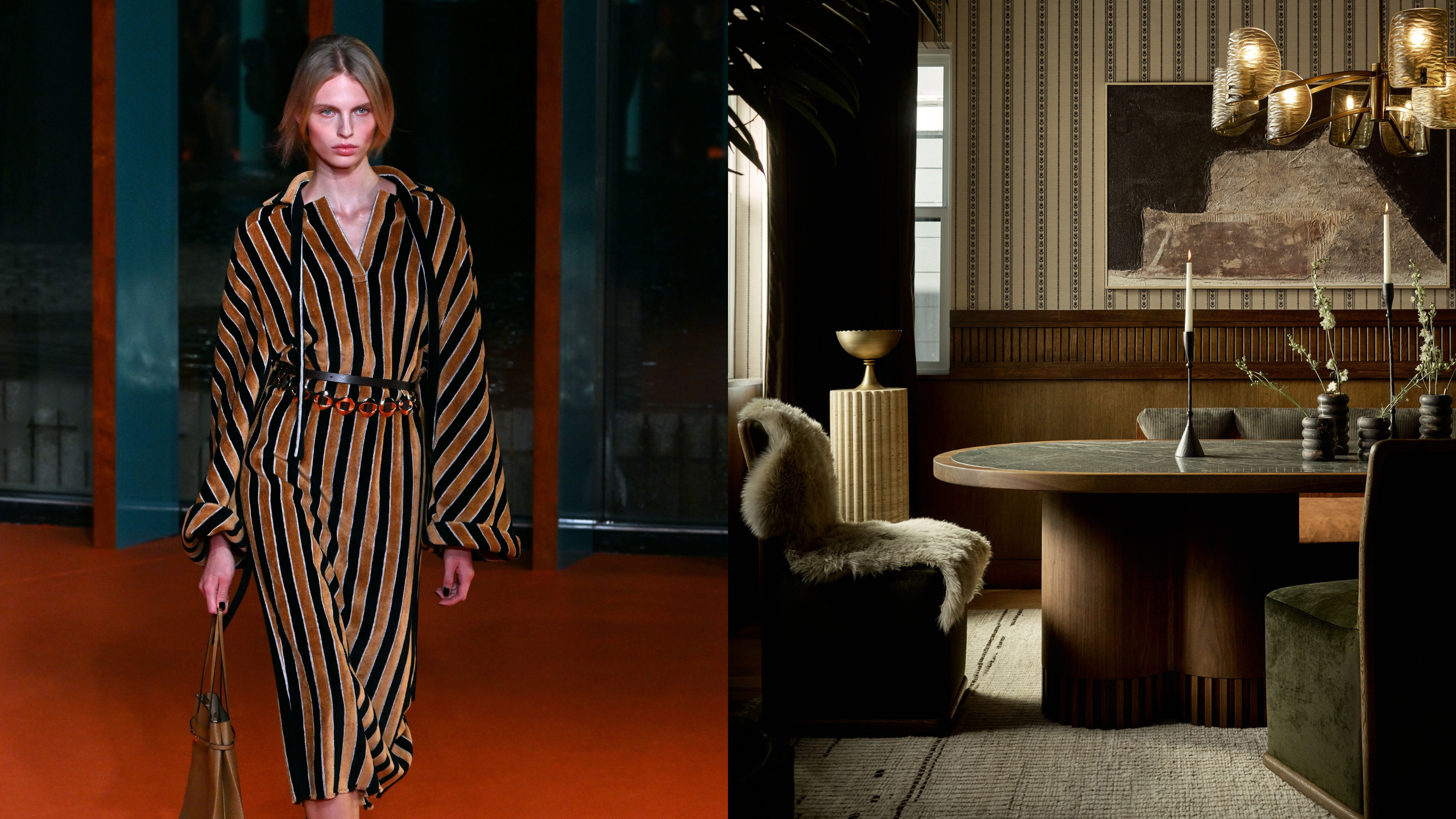 Neben einem gestreiften braun-schwarzen Laufsteg-Look von Tory Burch und einem Esszimmer mit gestreifter Tapete, vertikalen Holzlatten und einem skulpturalen Tisch