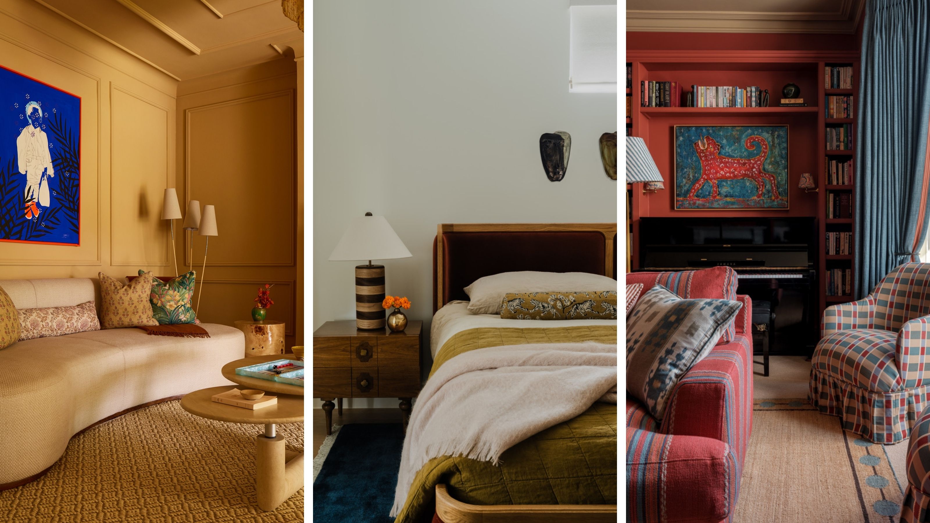 Gelbes luxuriöses Wohnzimmer mit geschwungenem Sofa, herbstliches Schlafzimmer mit Holzbett und ein rotes Wohnzimmer mit Gingham-Sesseln und rot gestreiftem Sofa.