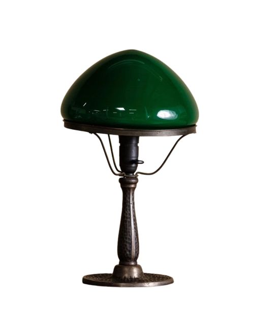 Art Deco Tischlampe aus bronziertem Stahl mit grünem Glasschirm, Europa, 1940er Jahre