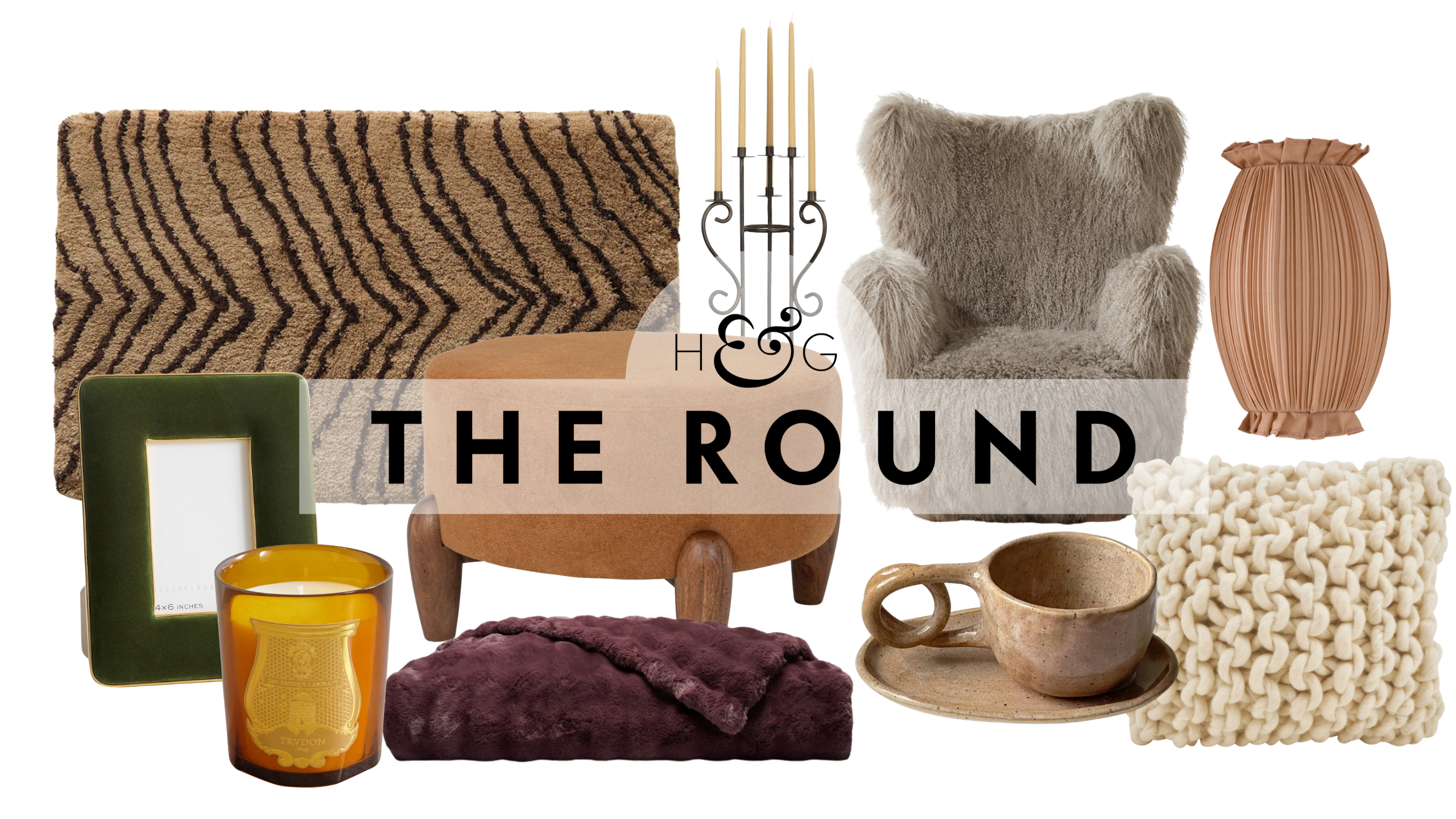 Cozy decor, including a plush bath mat, velvet picture frame, scented candle, Bubble Cuddle Throw Blanket, boucle ottoman, candelabra, mug and saucer set, sherpa chair, ruched sconce, and knit pillow