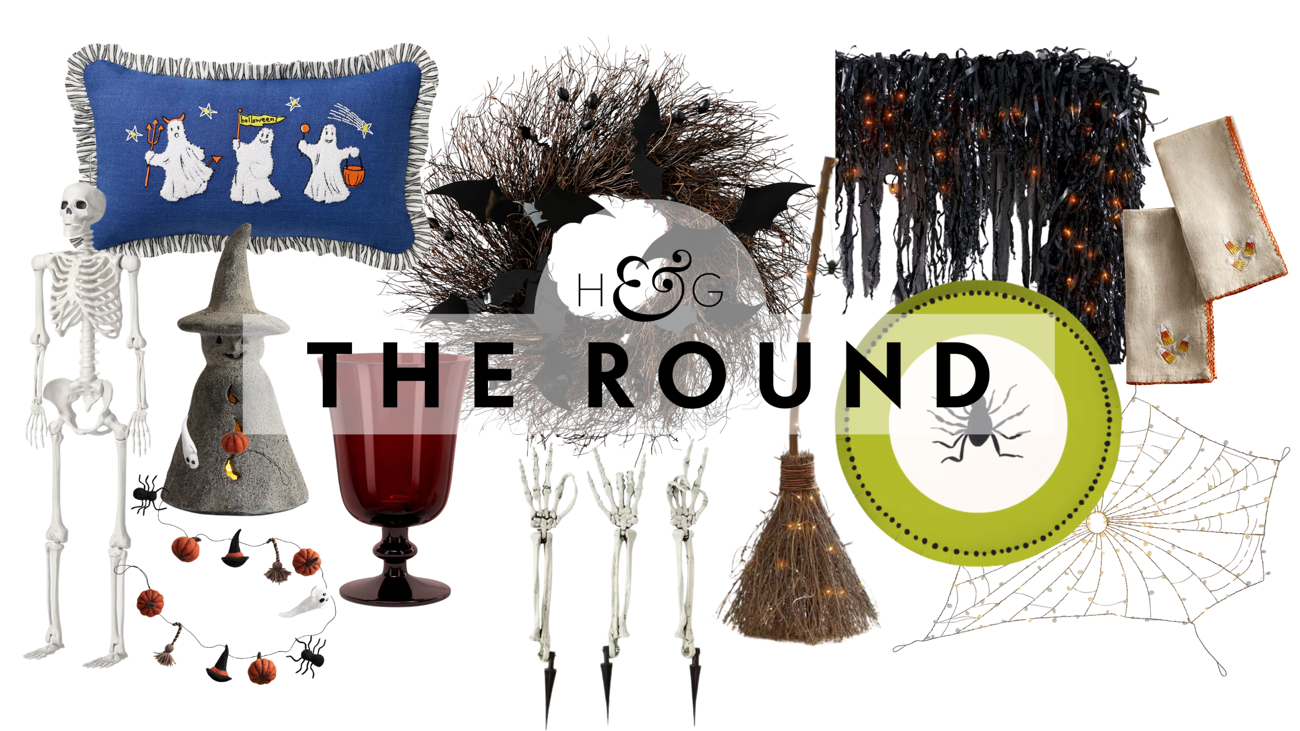 90s-inspired Halloween Decor, including a life-sized skeleton, ceramic light-up witch, handmade throw pillow, garnet goblet, felt garland, gothic wreath, solar stakes, rattan witch broom, and more.