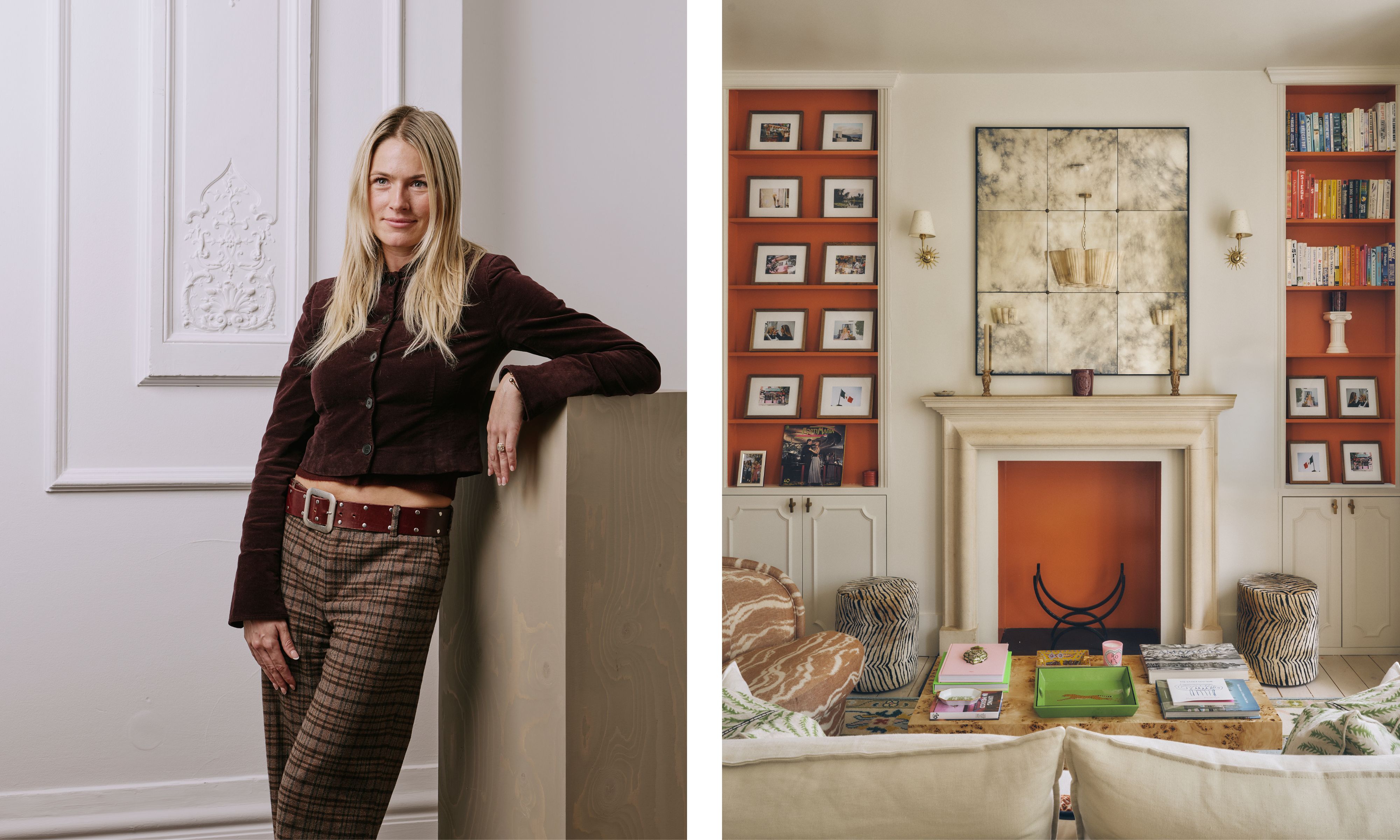 zwei Aufnahmen nebeneinander. Auf der linken Seite steht Flora Slater und blickt aus dem Off. Rechts ein Wohnzimmer mit Kamin