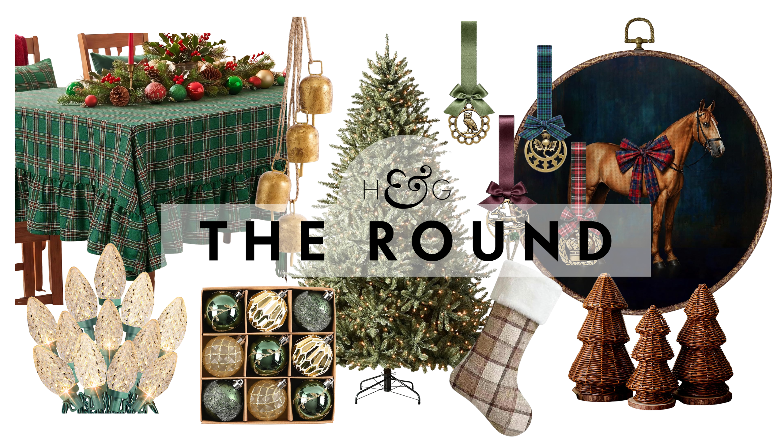 "Ralph Lauren Christmas"-style holiday decor, including a plaid tablecloth, string lights, ornaments, brass bells, a faux pre-lit tree, plaid stocking, rattan decorative tree group, and equestrian art
