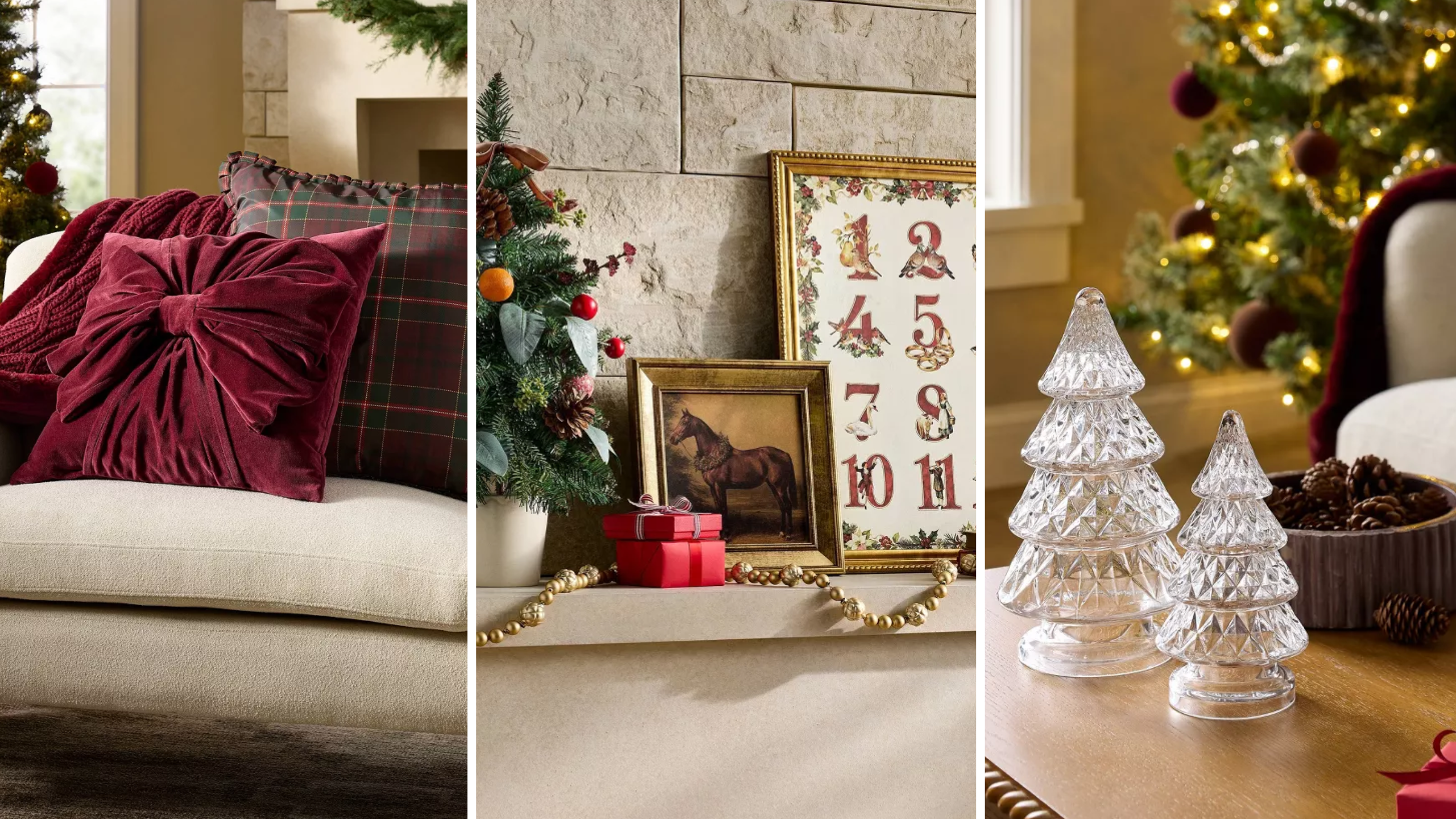 Trio of charming, Shea McGee-designed holiday home vignettes for Target, featuring velvet bow and tartan pillows, equestrian wall art, and decorative etched glass Christmas tree figurines