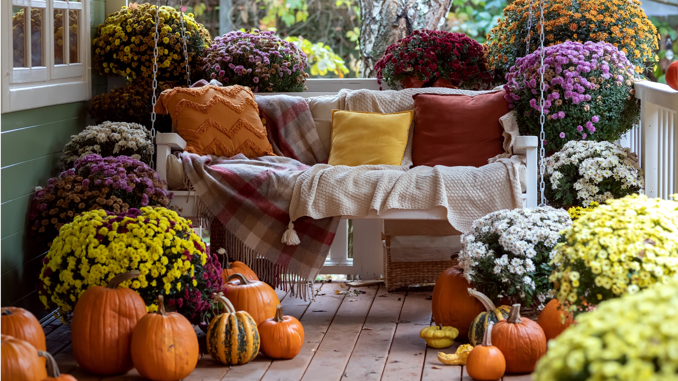 Herbstveranda mit Müttern und Schaukelbank