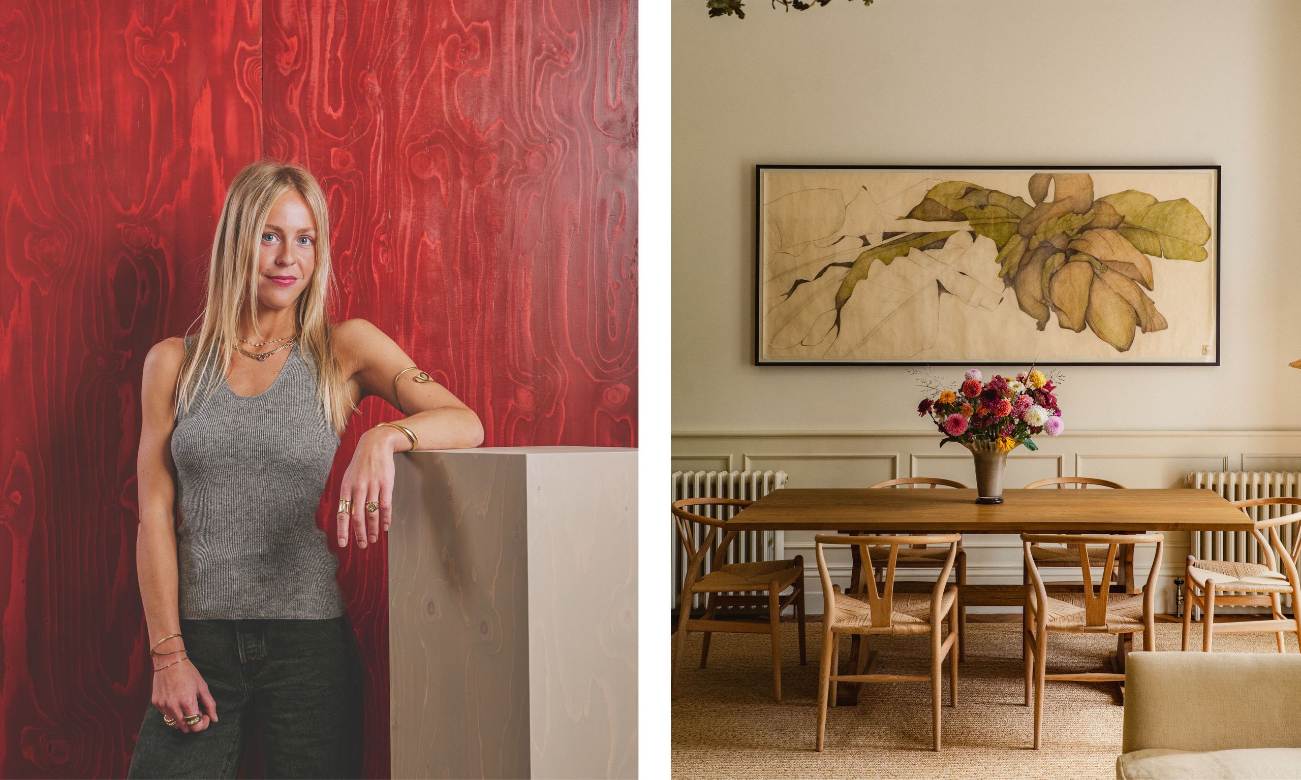 two shots next to each other - on the left, Ella Jones looks to camera, on the right, a neutral living room with a big piece of art above the table