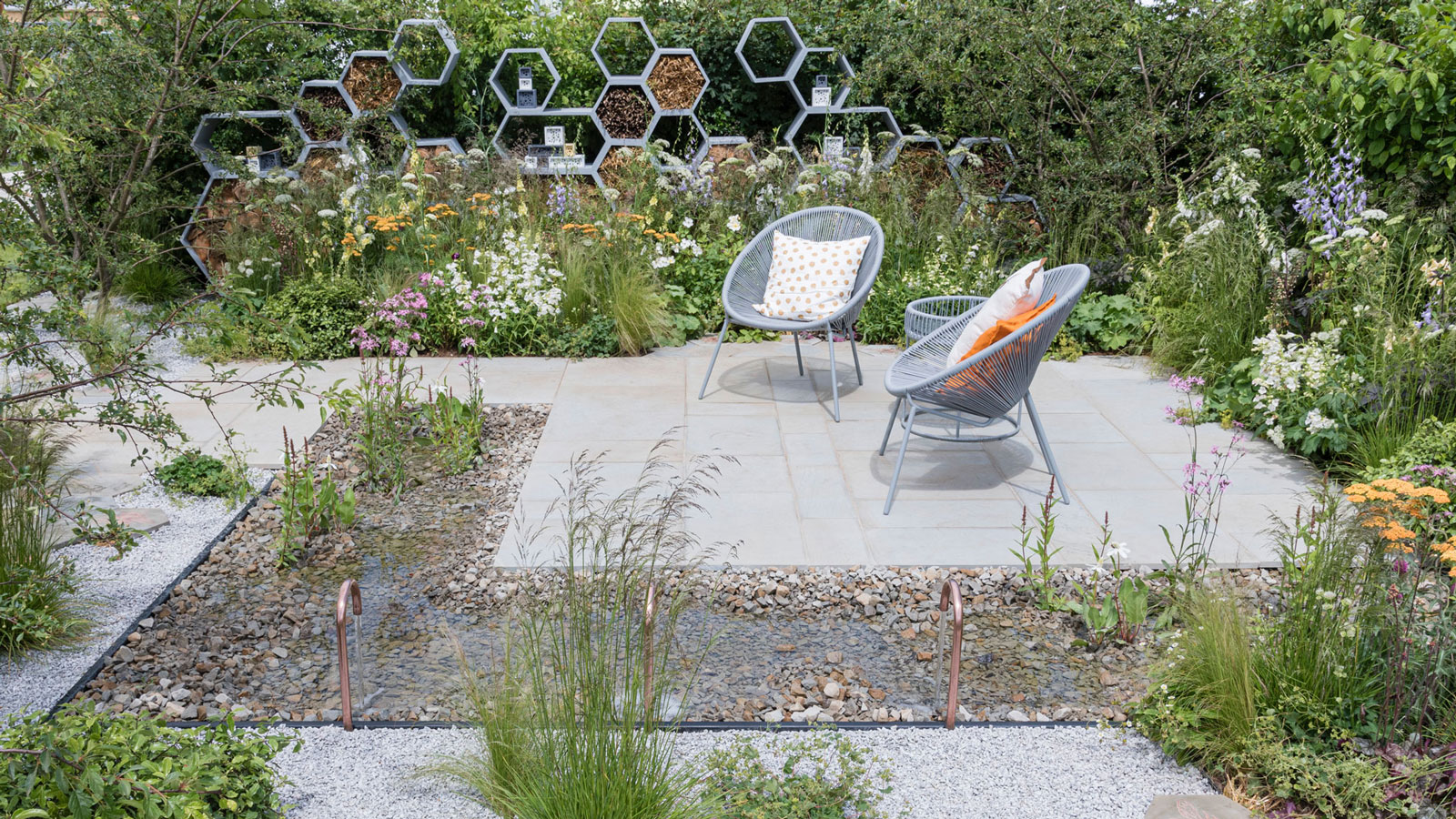 Bestäuberfreundliche Gartengestaltung mit Teich, Insektenhotels, weißem Kies und dürretoleranter Bepflanzung