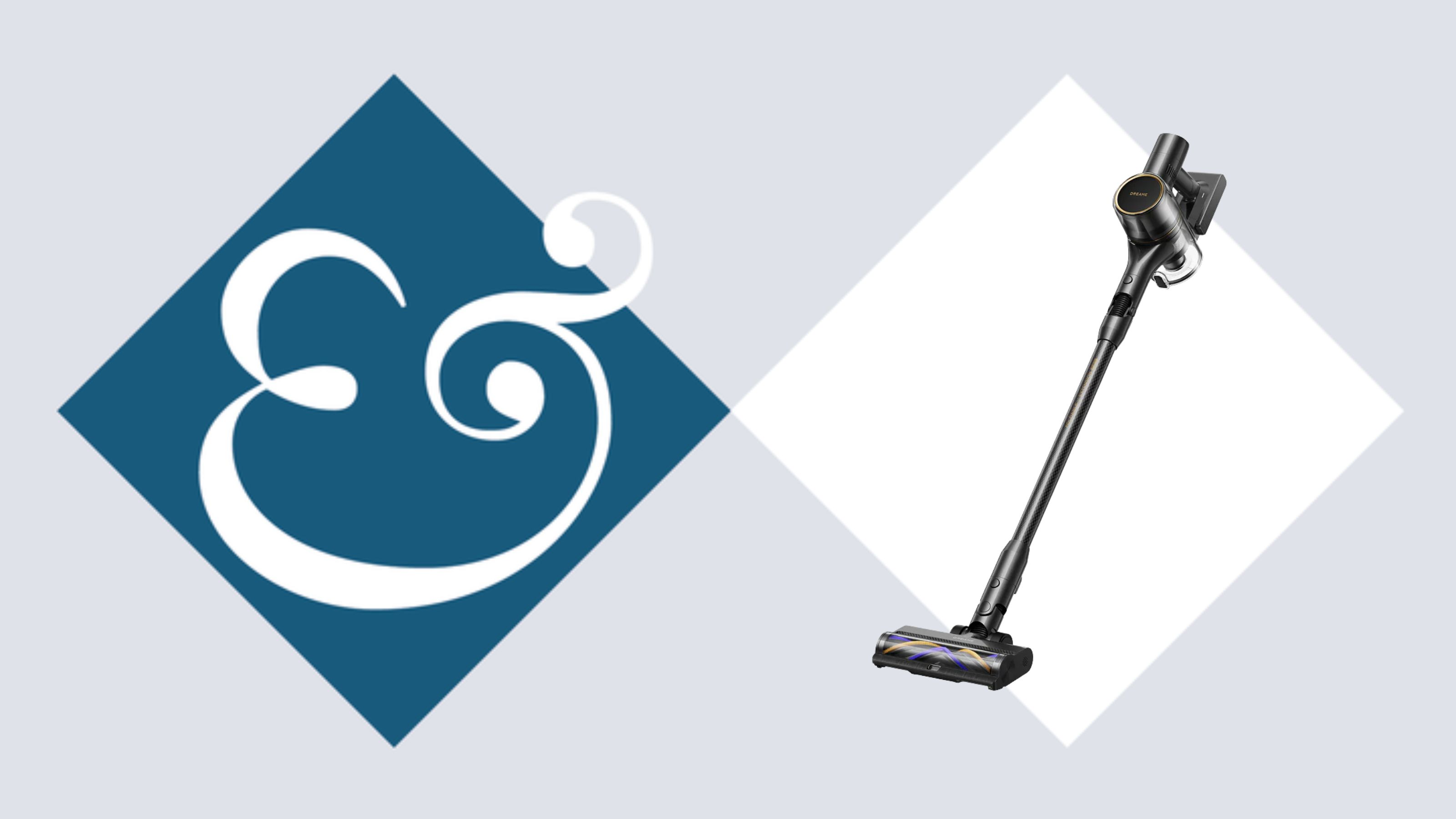 Bild des kabellosen Staubsaugers Dreame R10 Pro auf der linken Seite, mit den Homes & Gärten '&' Logo rechts