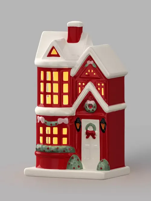 Weihnachtshaus mit beleuchteter Keramik, rot